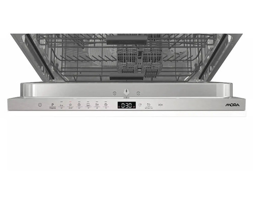 Myčka nádobí Mora s otevřenými dvířky a ovládacím panelem