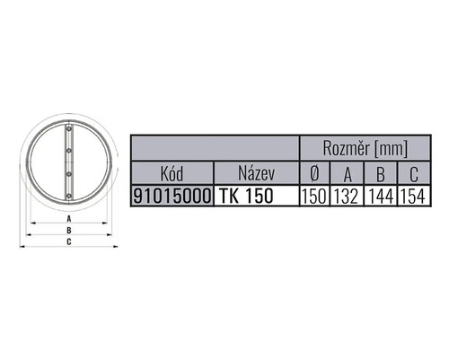 Technický výkres produktu TK 150 s rozměry