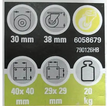 Technické specifikace pro kolečka: průměr kolečka 30 mm, výška kolečka 38 mm, rozteč otvorů 40 x 40 mm a 29 x 29 mm, maximální nosnost 20 kg