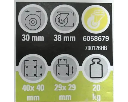 Technické specifikace pro kolečka: průměr kolečka 30 mm, výška kolečka 38 mm, rozteč otvorů 40 x 40 mm a 29 x 29 mm, maximální nosnost 20 kg