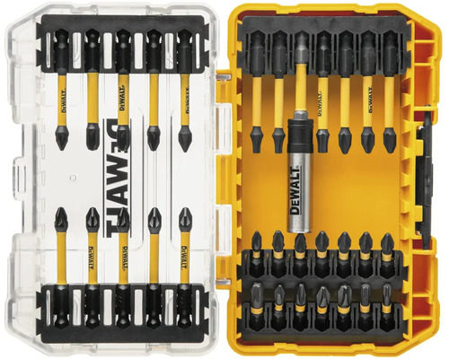 Sada bitů DeWalt s různými šroubovacími bity v otevřeném úložném pouzdře