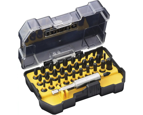 Sada bitů DeWalt s různými šroubovacími bity a držákem bitů v otevřeném plastovém boxu