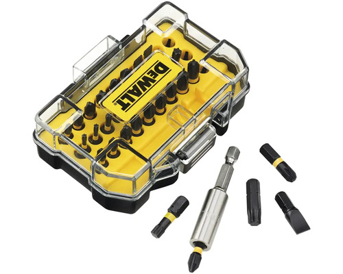 Sada bitů Dewalt s různými šroubovacími bity a držákem bitů v průhledném úložném boxu.
