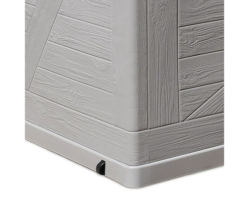 Detailní pohled na úložný box s dřevěným vzhledem a kolečky