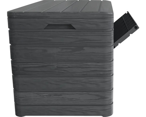 Šedá zahradní bedna z plastu s vzhledem dřeva a výklopným mechanismem