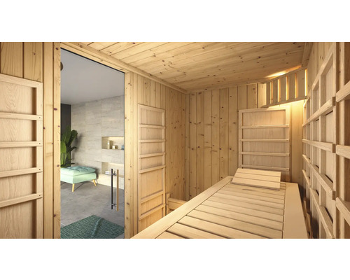 Vnitřní sauna s dřevěnou lehací plochou a skleněnými dveřmi