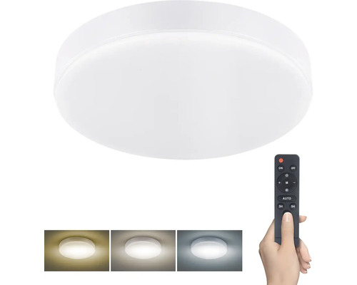Bílé stropní svítidlo s dálkovým ovládáním pro regulaci světla.