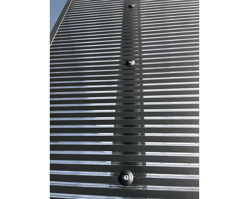 Detailní záběr průhledné vlnité plastové desky s upevňovacími šrouby.