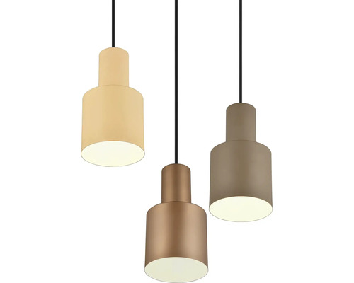 Tři kovová závěsná svítidla s válcovými stínidly