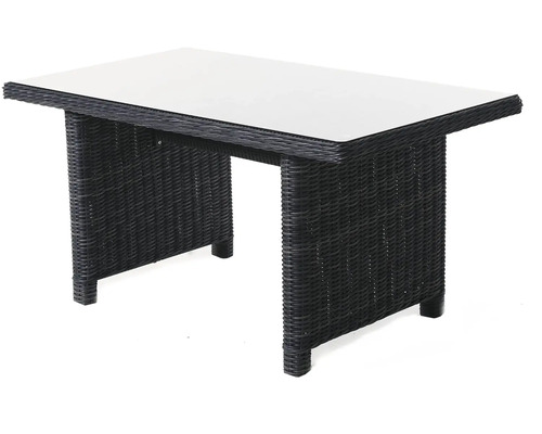 Zahradní stůl se skleněnou deskou a vzhledem ratanu