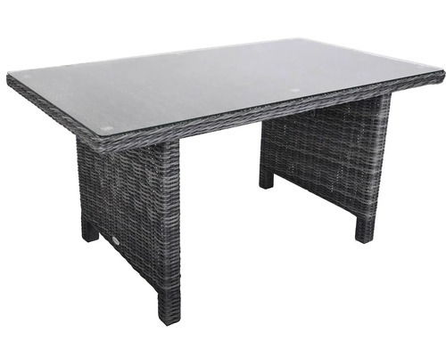 Zahradní stůl se skleněnou deskou a vzhledem ratanu