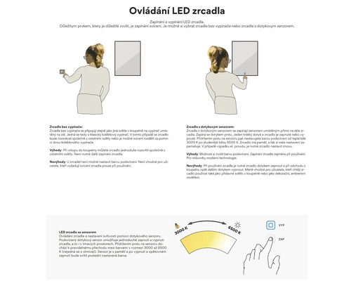 Informace o ovládání LED zrcadel s vypínačem a bez vypínače