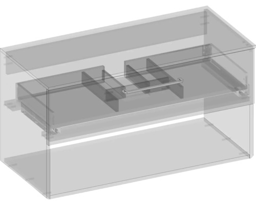 Vnitřní pohled na koupelnovou skříňku se zásuvkami a držákem na ručníky