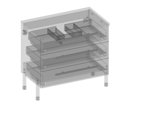 Skříňka pod umyvadlo s několika zásuvkami a nožičkami