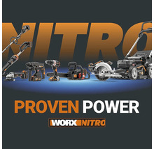 Různé elektrické nástroje, jako je vyžínač, vrtačka, řetězová pila, okružní pila a sekačka na trávu značky Worx Nitro.
