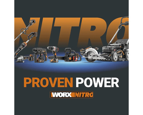 Různé elektrické nástroje, jako je vyžínač, vrtačka, řetězová pila, okružní pila a sekačka na trávu značky Worx Nitro.