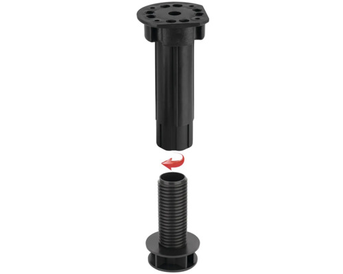 Nábytková noha s rozsahem nastavení a červenou šipkou pro montáž