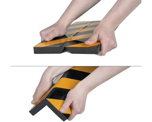 Ruce drží ochranu hran se vzorem pruhů z pěny.