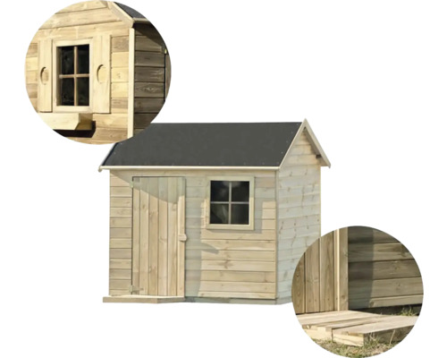 Dřevěný domeček na hraní s dveřmi, oknem a střechou