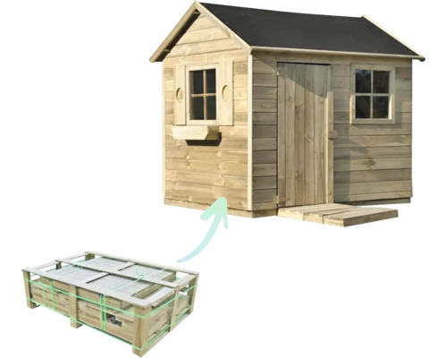 Dřevěný domeček na hraní s oknem a dveřmi a balené stavební prvky