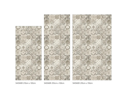 Tři sprchové panely s mozaikovým vzorem dlaždic v různých velikostech.