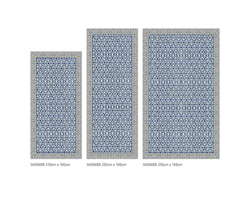Tři sprchové předložky s geometrickým vzorem a různými rozměry.