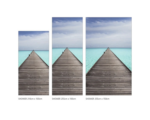 Tři sprchové panely s motivem dřevěného mola nad mořem v různých velikostech.