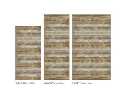 Tři sprchové panely různých velikostí s dřevěným vzhledem