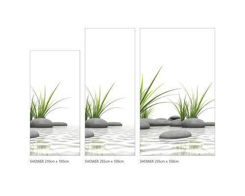 Tři sprchové panely různých velikostí s vyobrazením trávy a kamenů ve vodě
