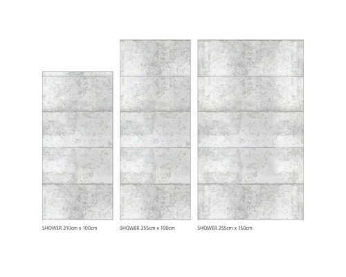 Tři sprchové panely různých velikostí s betonovým vzhledem