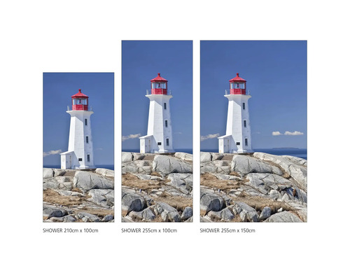 Tři sprchové závěsy různých velikostí s motivem majáku