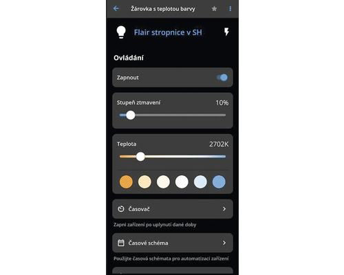 Zobrazení aplikace pro ovládání stropního svítidla Flair