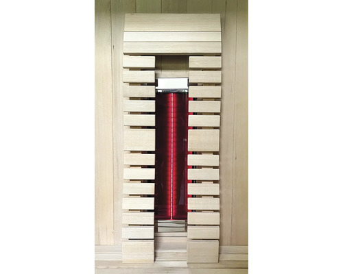 Infračervená kabina s dřevěným obložením a červeným světelným zdrojem