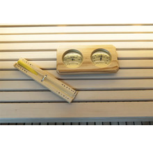 Saunový teploměr, vlhkoměr a přesýpací hodiny na dřevě