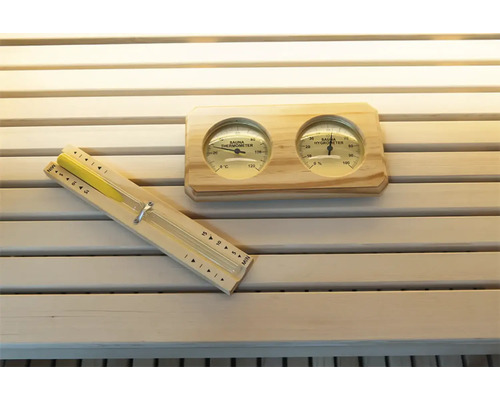 Saunový teploměr, vlhkoměr a přesýpací hodiny na dřevě