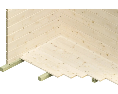 Rohový pohled na zahradní domek s dřevěnými stěnami a dřevěnou podlahou na základových trámech