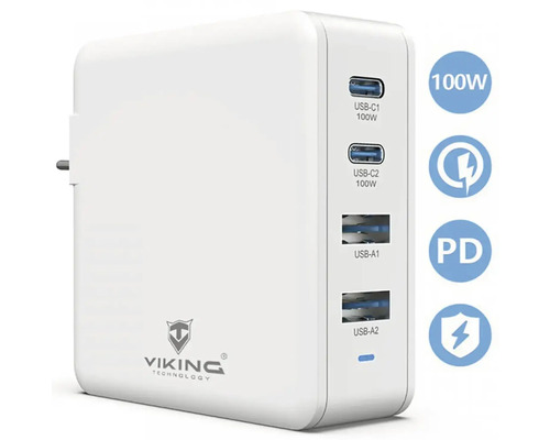 Bílá 100W USB nabíječka se dvěma USB-C a dvěma USB-A porty od Viking Technology