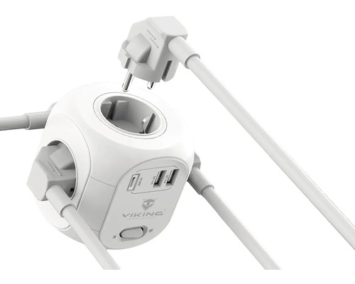Bílá zásuvková lišta s USB porty a několika zásuvkami