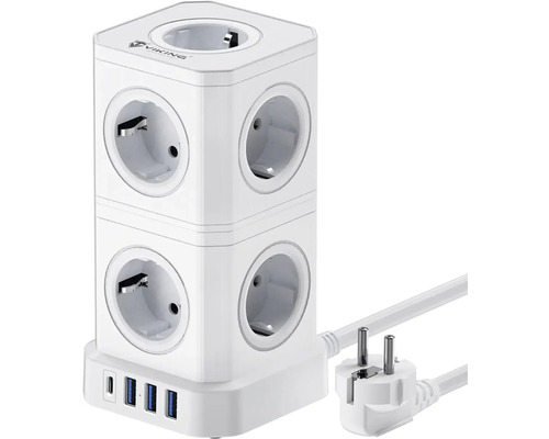 Bílá zásuvková lišta ve tvaru věže s USB porty a zástrčkou
