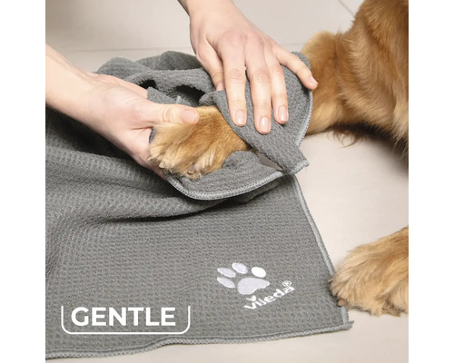 Ruka suší tlapku psa šedým ručníkem. Logo Vileda.