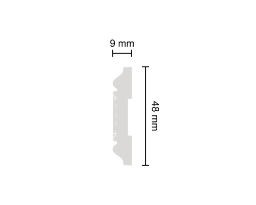 Průřez profilové lišty s rozměry 48 mm výška a 9 mm šířka