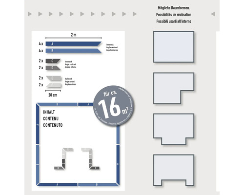 Informace o možných tvarech místností a obsahu pro přibližně 16 metrů čtverečních