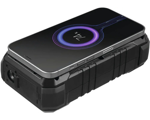 Černý akumulátorový stavební reflektor s nabíjejícím se mobilním telefonem