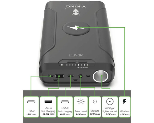 Powerbanka Viking Technology Vidar II s USB-C, USB-A, solárním panelem, DC výstupem a zásuvkou zapalovače cigaret