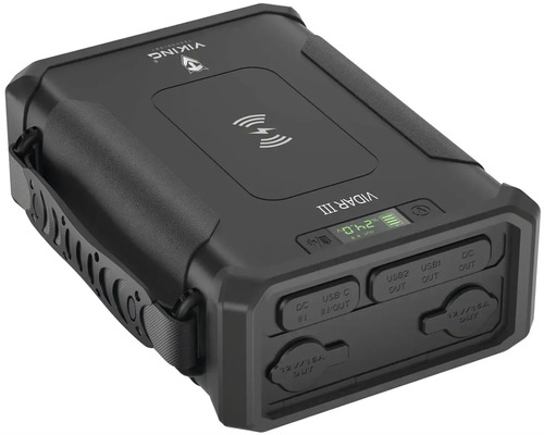 Černá napájecí stanice Viking Technology s rukojetí, porty a indikátorem nabíjení.