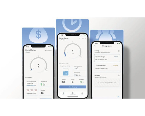 Tři snímky obrazovky smartphonu aplikace pro ovládání nabíjecí stanice pro elektrická vozidla