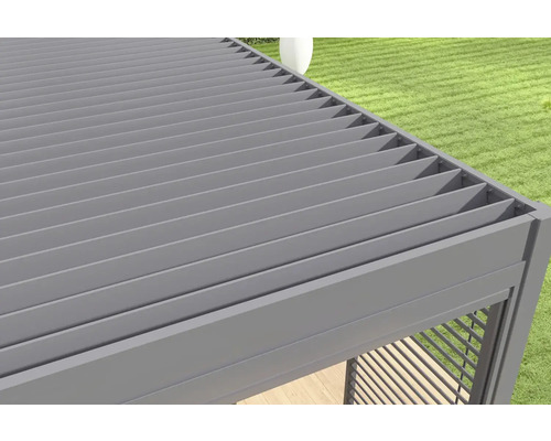 Detailní pohled na hliníkové terasové zastřešení s lamelovou střechou