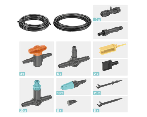 Zavlažovací sada s hadicemi, spojkami a regulátory pro zahradní zavlažování
