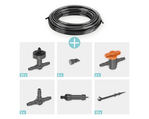 Startovací sada Gardena Micro-Drip-System pro květináče M s kapkovou trubkou, regulačními uzávěry, redukcemi, uzavíracími ventily, T-kusy, spojkami a držáky trubek