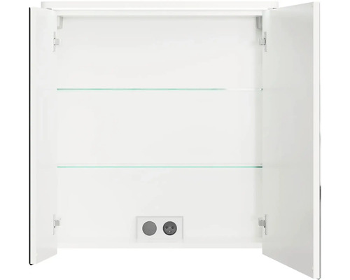 Otevřená zrcadlová skříňka se dvěma skleněnými policemi a zásuvkou